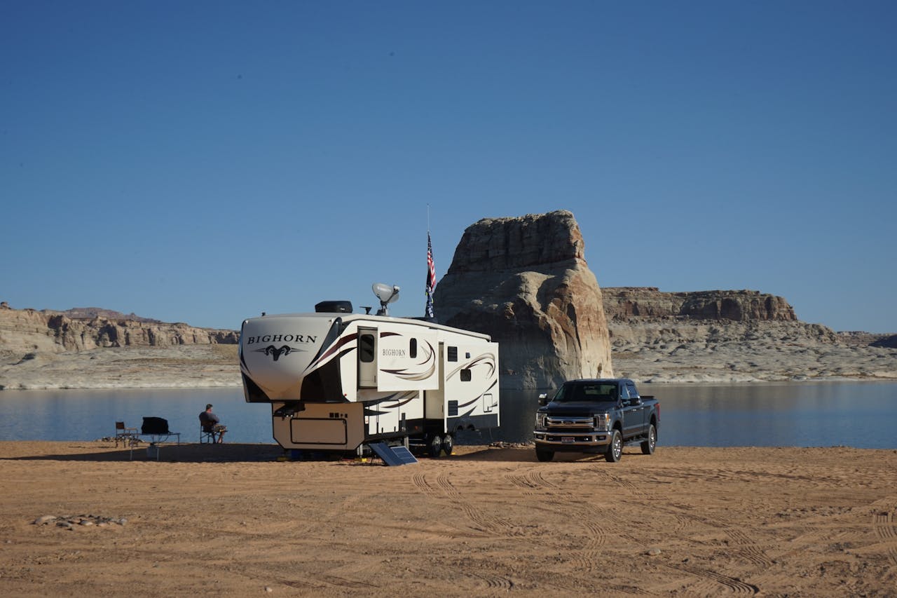 A serene RV camping scene by Lake Powell with stunning rock formations, perfect for a travel adventure.